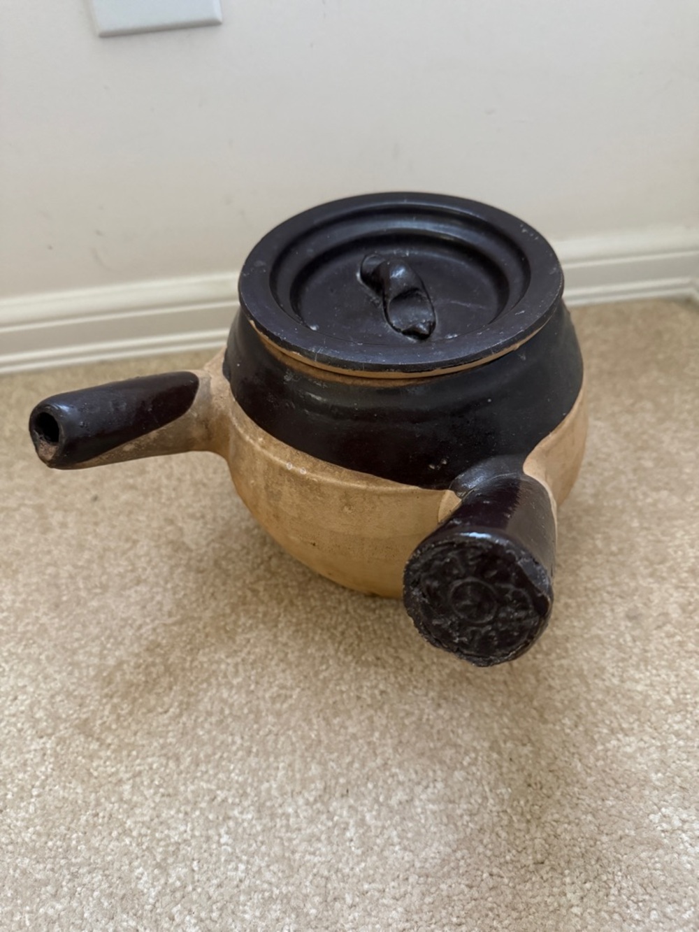 Handcrafted Two-Tone Ceramic herb Teapot - Black and Natural large